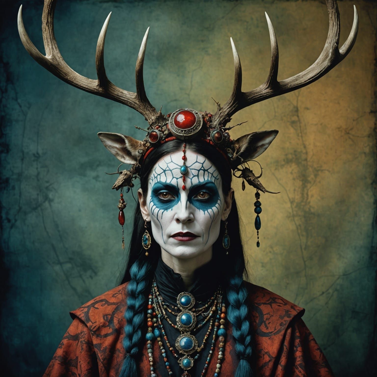 Gothic Shaman with Antlers in Dark Fantasy Style