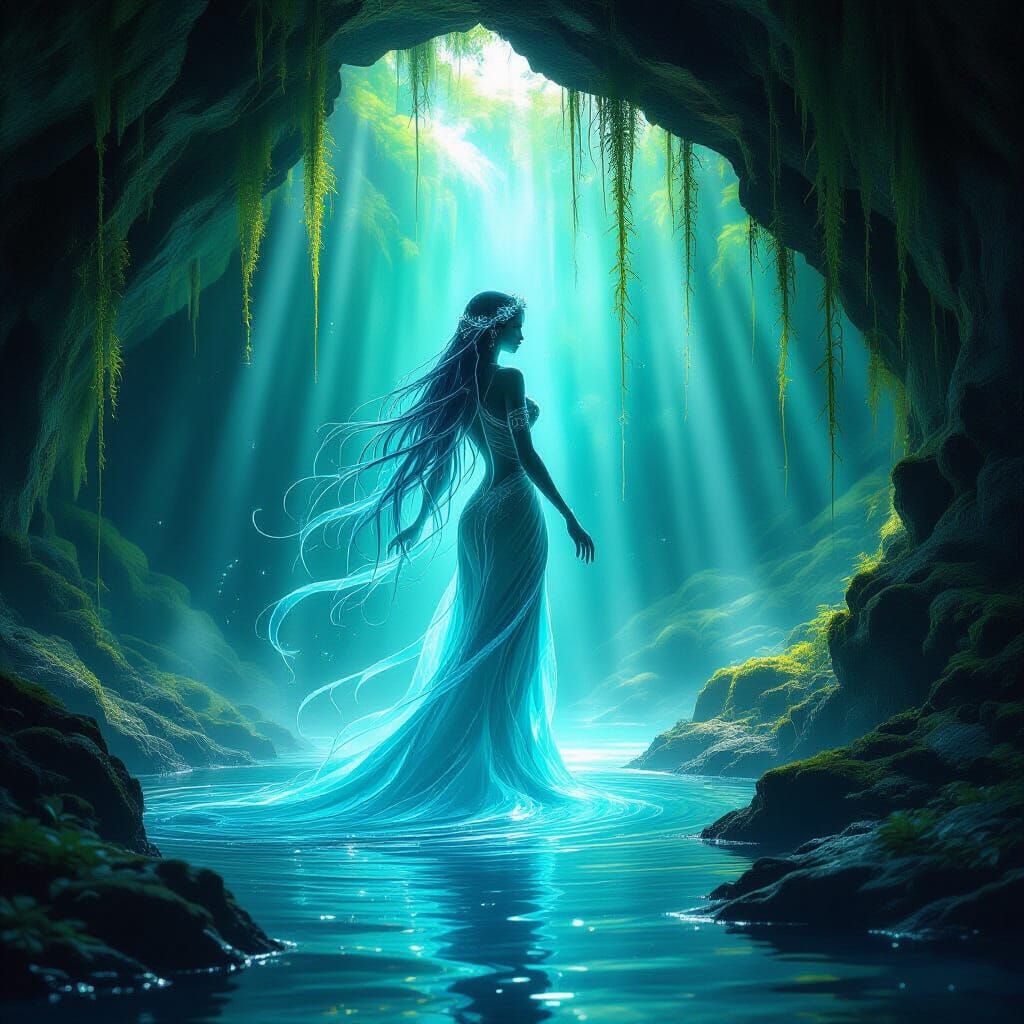 Majestic Water Spirit Emerges from Grotto in Surreal Fantasy...