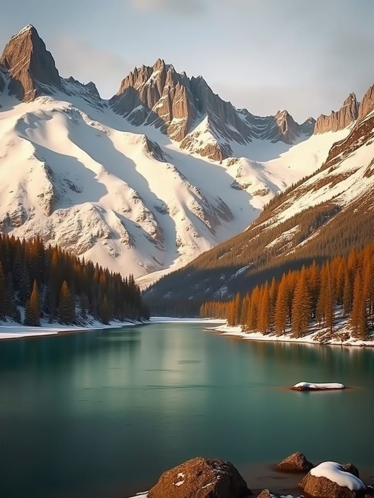 Hyperrealistic Snow Cap Mountains by a River