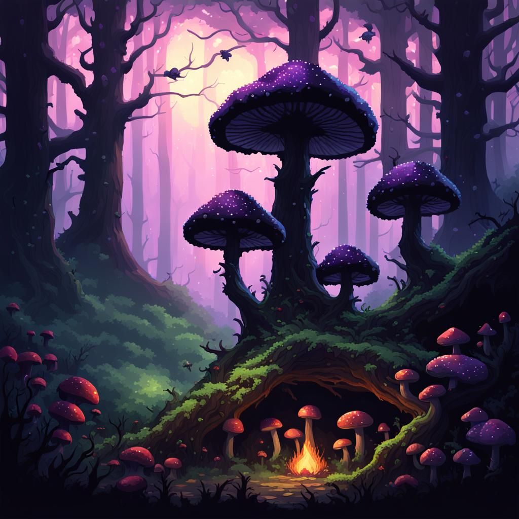 Gothic Forest with Black Mushrooms in Pixel Art