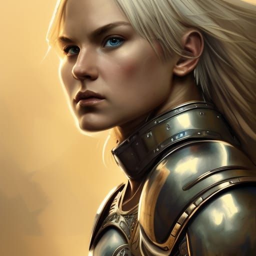 Fierce Armored Warrior Woman Portrait in Hyperdetailed Style