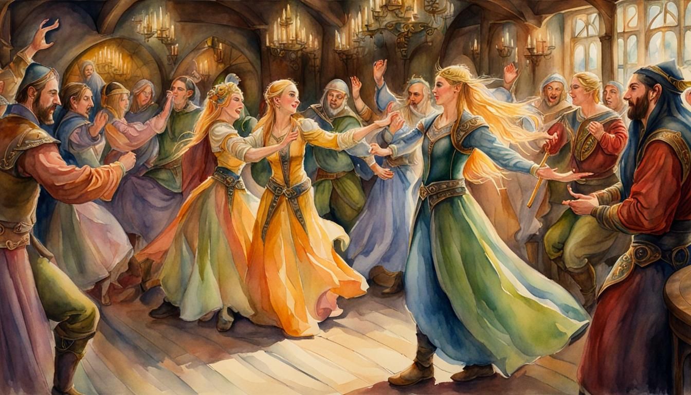 Elven Celebration Dance in Tavern: Watercolor Pastel Art