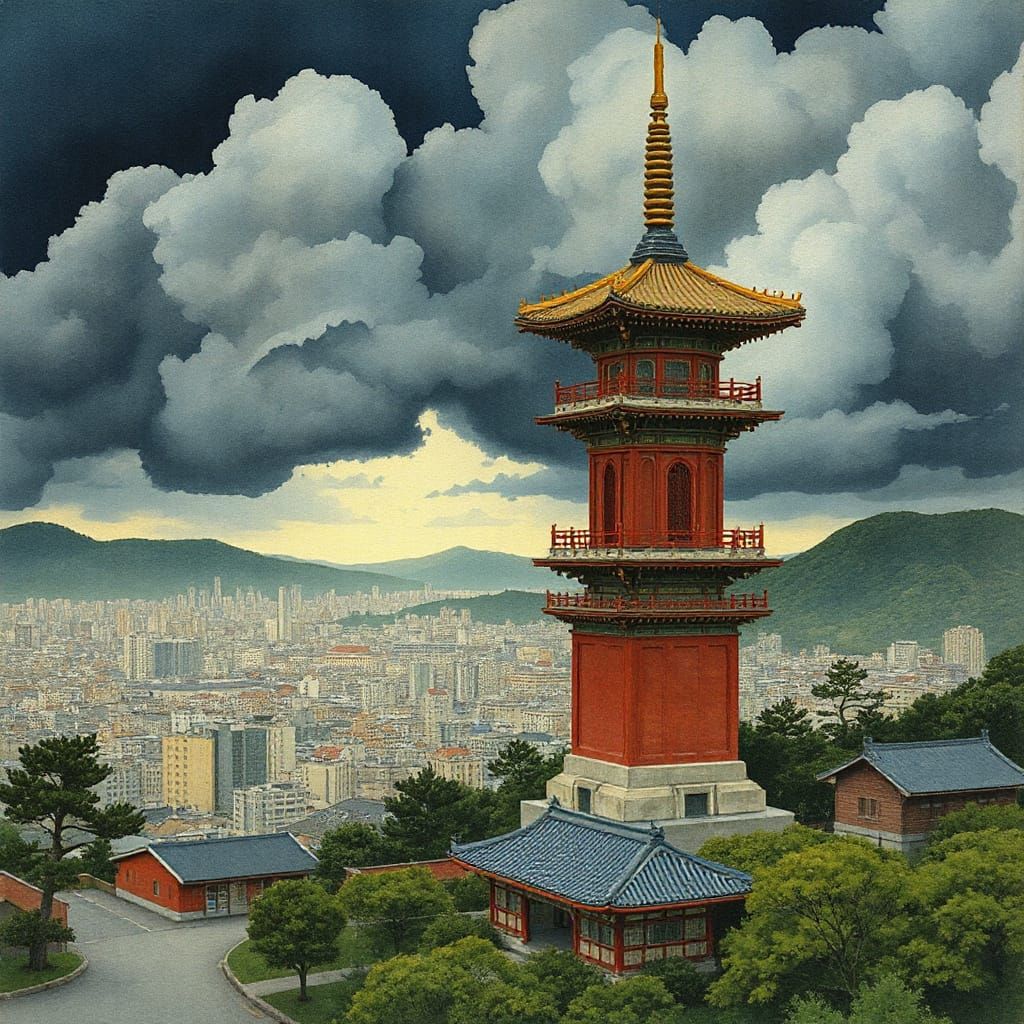 Watercolor Illustration of Seoul at Golden Hour