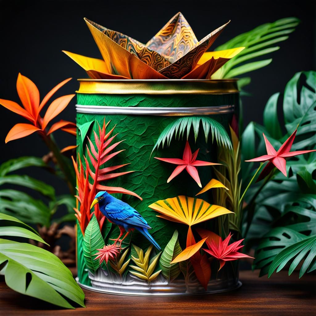 Surreal Origami Jungle Emerging from Coffee Can