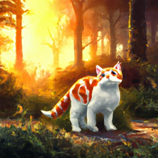 Realistic Tabby Cat in Sunset Forest Painting