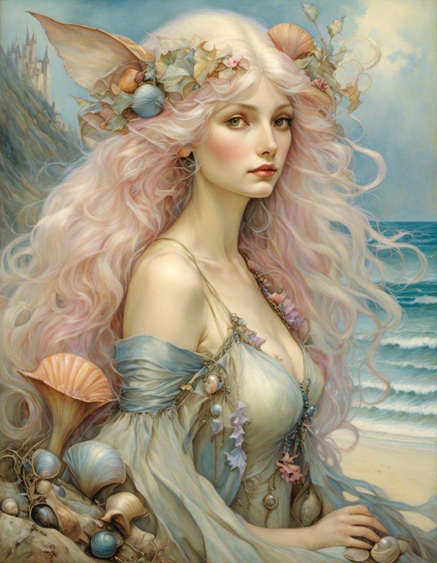 Seashell Mermaid on Private Beach in Pastel Colors