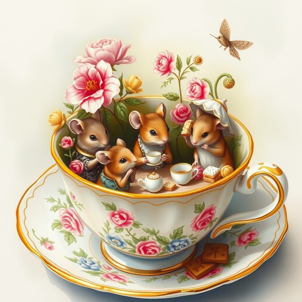 Mice Tea Party in Teacup, Watercolour Style