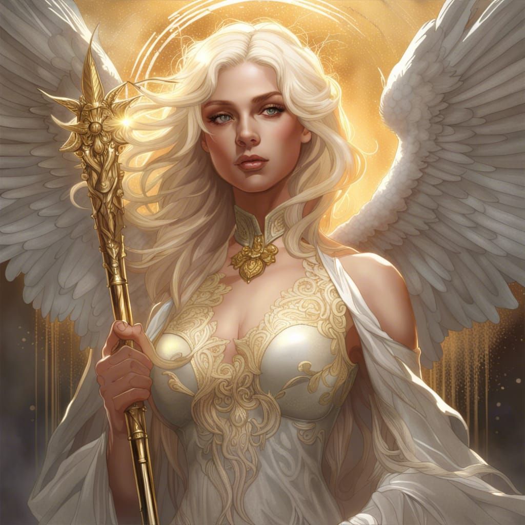 Platinum Blonde Angel with Golden Staff
