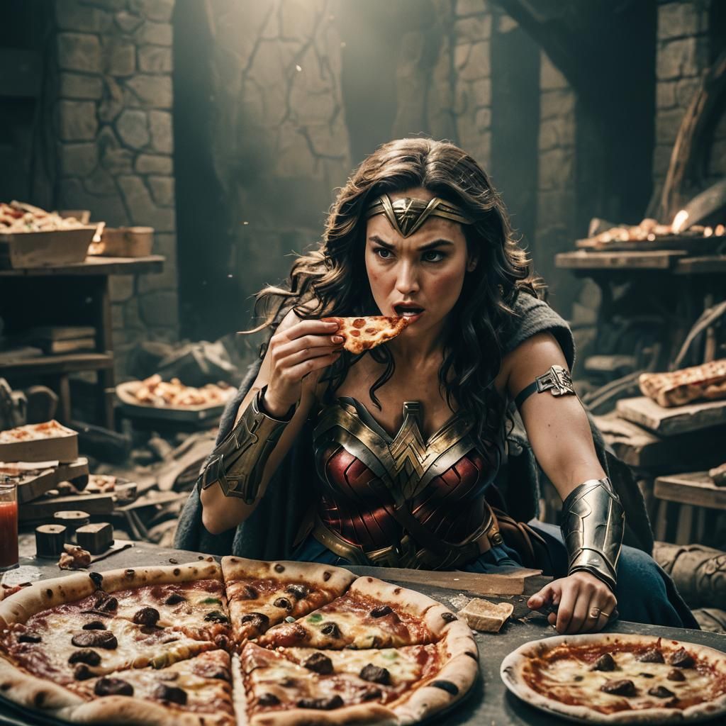Wonder Woman's Pizza Break: A Cinematic Still