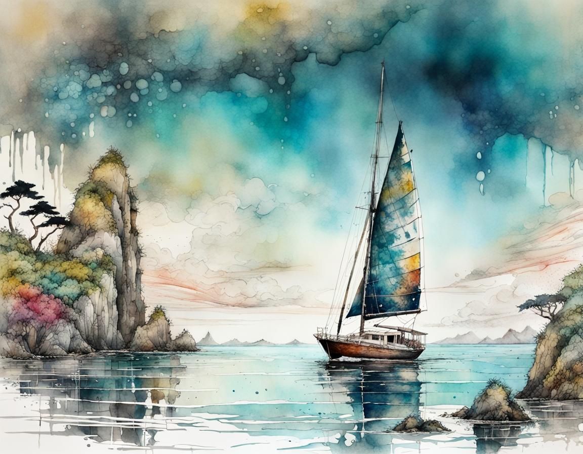 Sailboat on Tropical Seascape: Japanese Ink Painting
