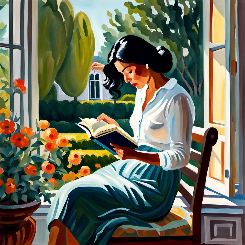 Impressionist Woman Reading in Sunny Garden