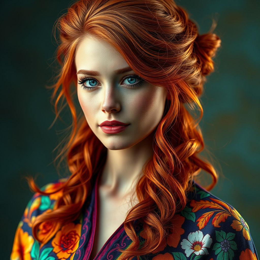 Beautiful Redhead with Floral Dress in Digital Art