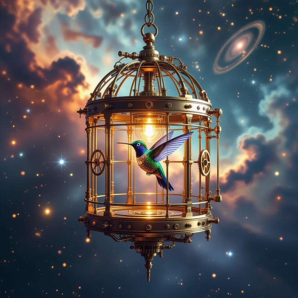 Steampunk Birdcage in Nebula with Clockwork Hummingbird