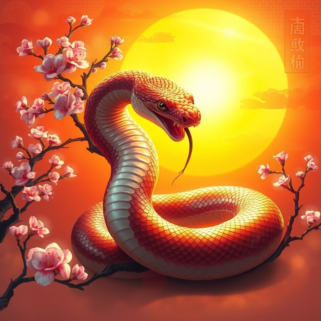 Majestic Wood Snake Adorns Golden Plum Blossom Tree in Vibra...