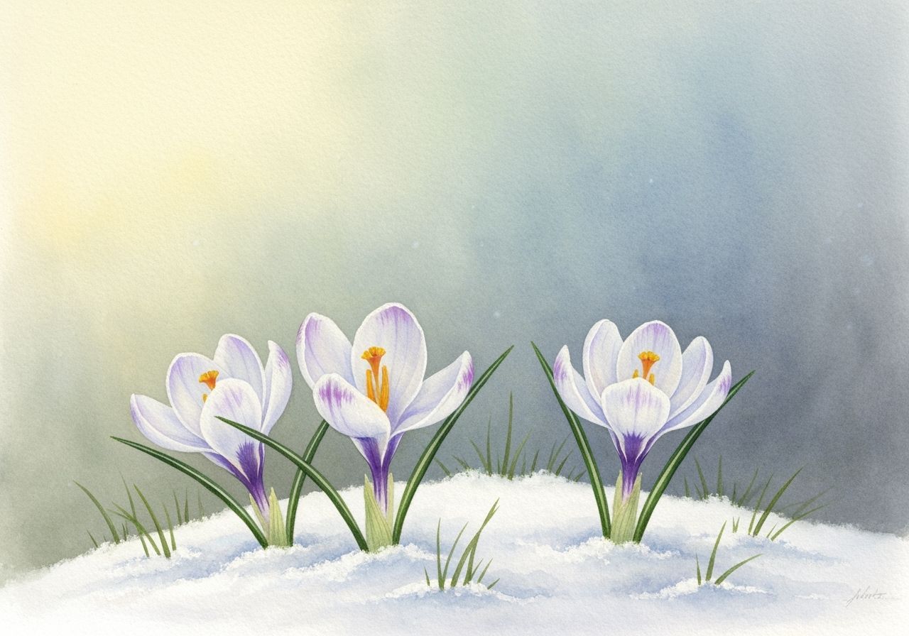Watercolor Painting of White Crocuses in Snow