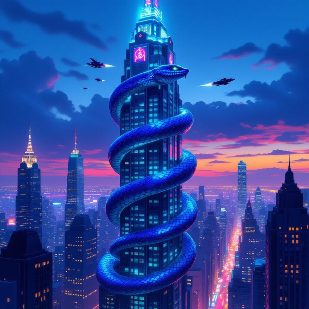 Iridescent Serpent on Art Deco Skyscraper at Dusk