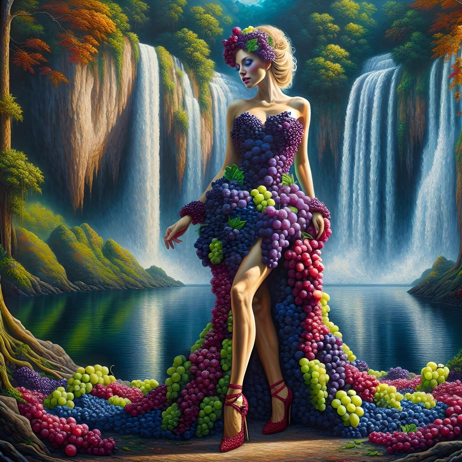 Woman in Grapes Dress by Tropical Waterfall