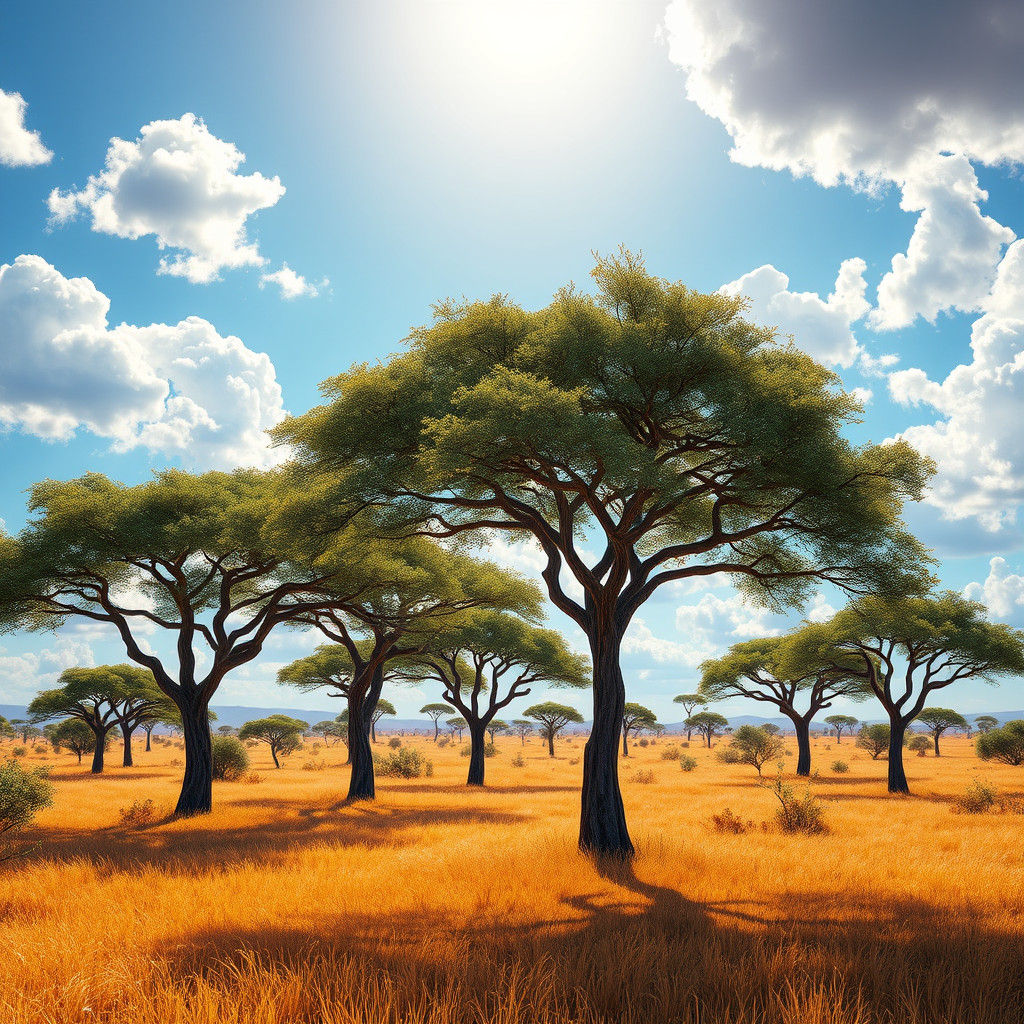 Savannah Landscape with Acacia Trees in 3D Anime Style
