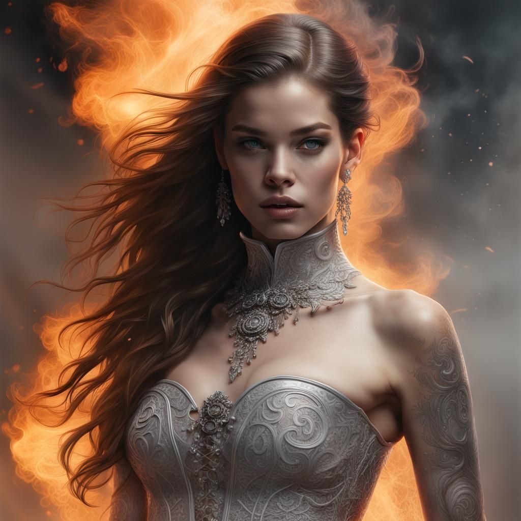 Elegant Woman Dissolving into Smoke in Silver