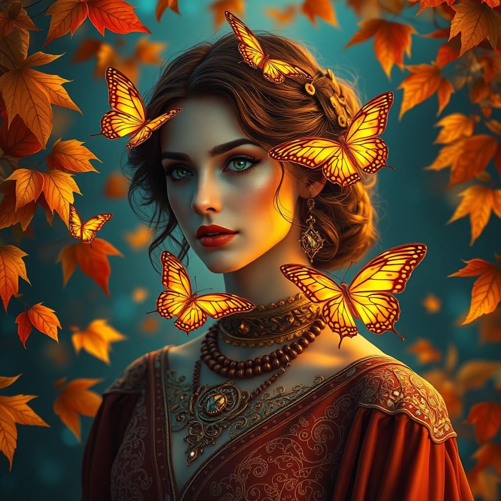 Autumn Woman Portrait in Art Nouveau Style