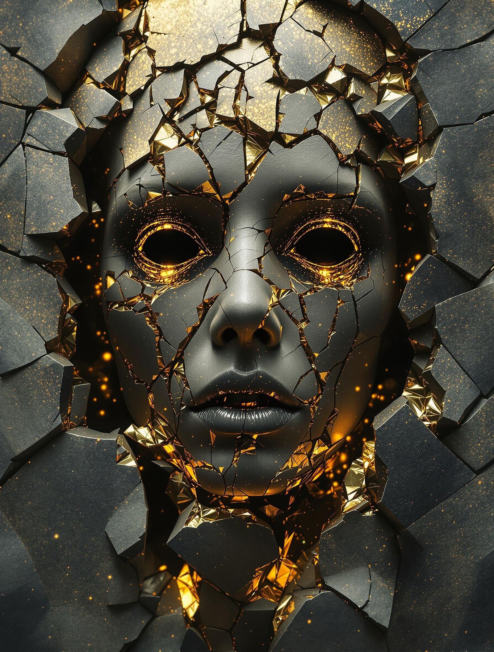 Oxidized Stone Effigy with Gold Leaf, Photorealistic