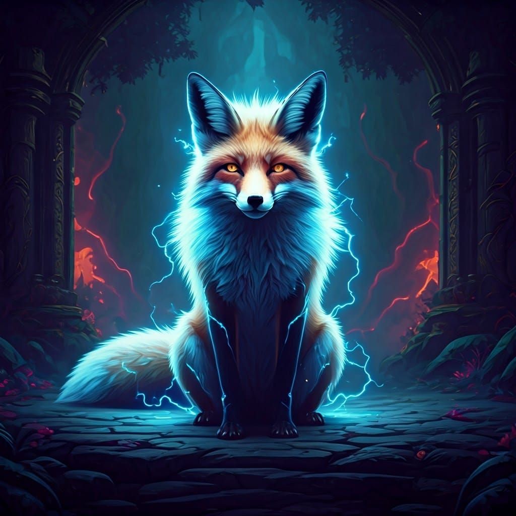 Electrifying Kitsune Amidst Ancient Forest Ruins