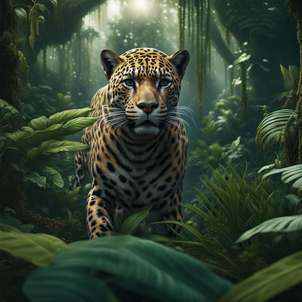 Jaguar Stares from Overgrown Jungle, Detailed Matte Painting