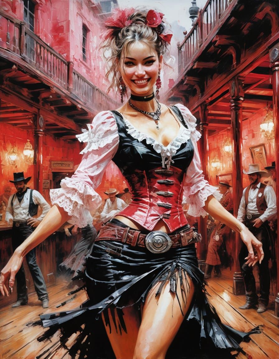 Saloon Girl Dancing in Wild West, Abstract Art Style