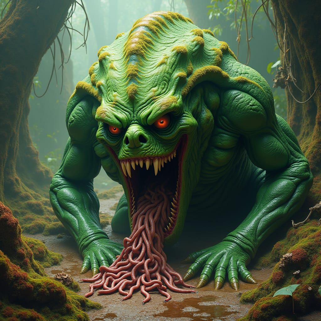 Grotesque Green Monster Eating Worms in Splash Art Style