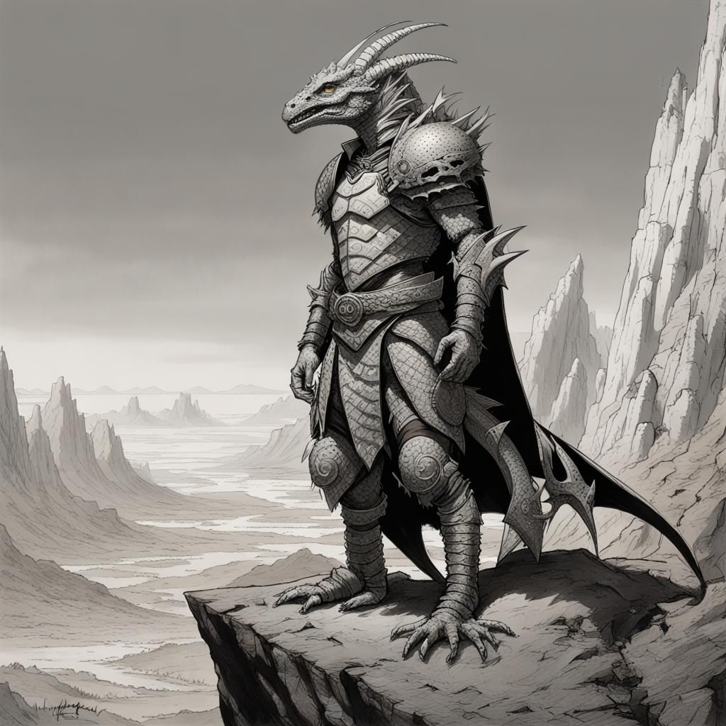 Lizardman Knight Surveys Wasteland Landscape