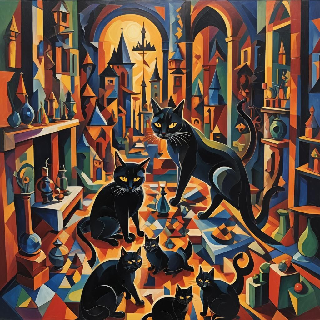 Neo-Cubist Witch Casting Spells: Geometric Fauvism