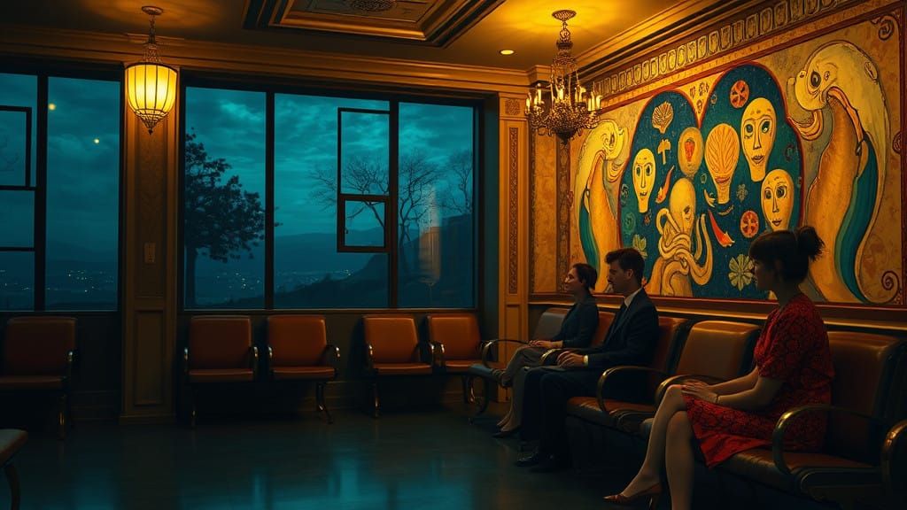 Mysterious Nighttime Waiting Room with Golden Accents