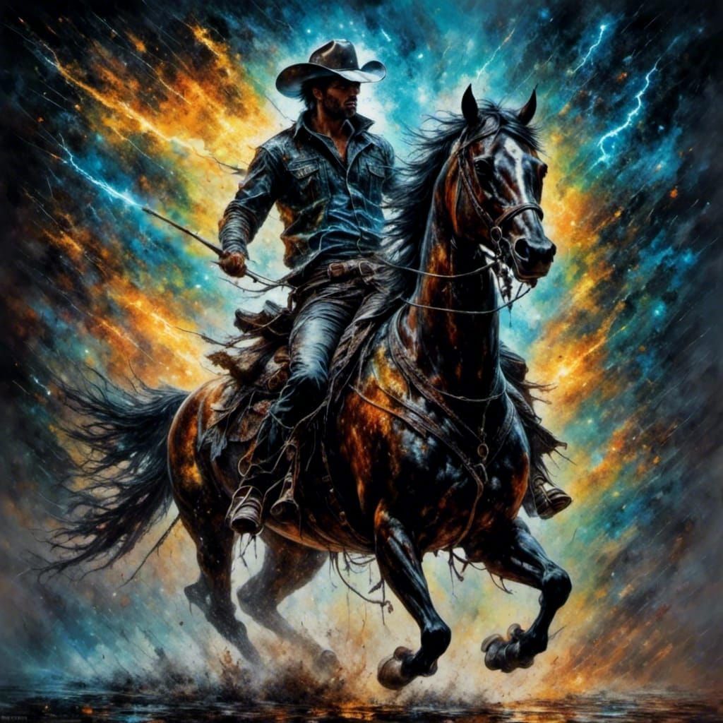 Cowboy Rides into Lightning Storm as Oil Painting