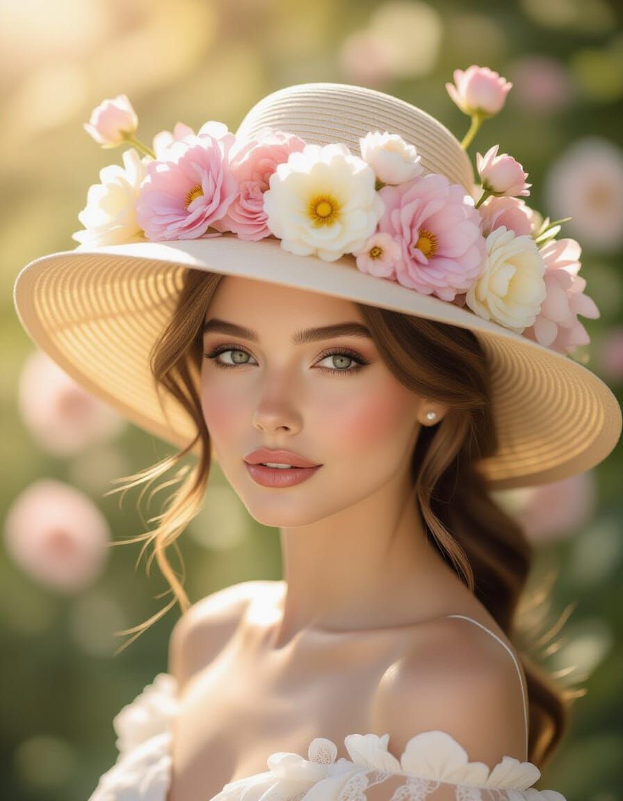 Dreamy Floral Hat Portrait with Soft Pastel Tones