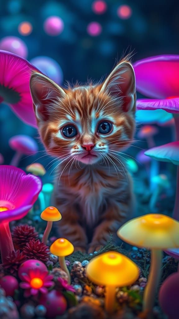 Shy Kitten in Surreal Bioluminescent Landscape