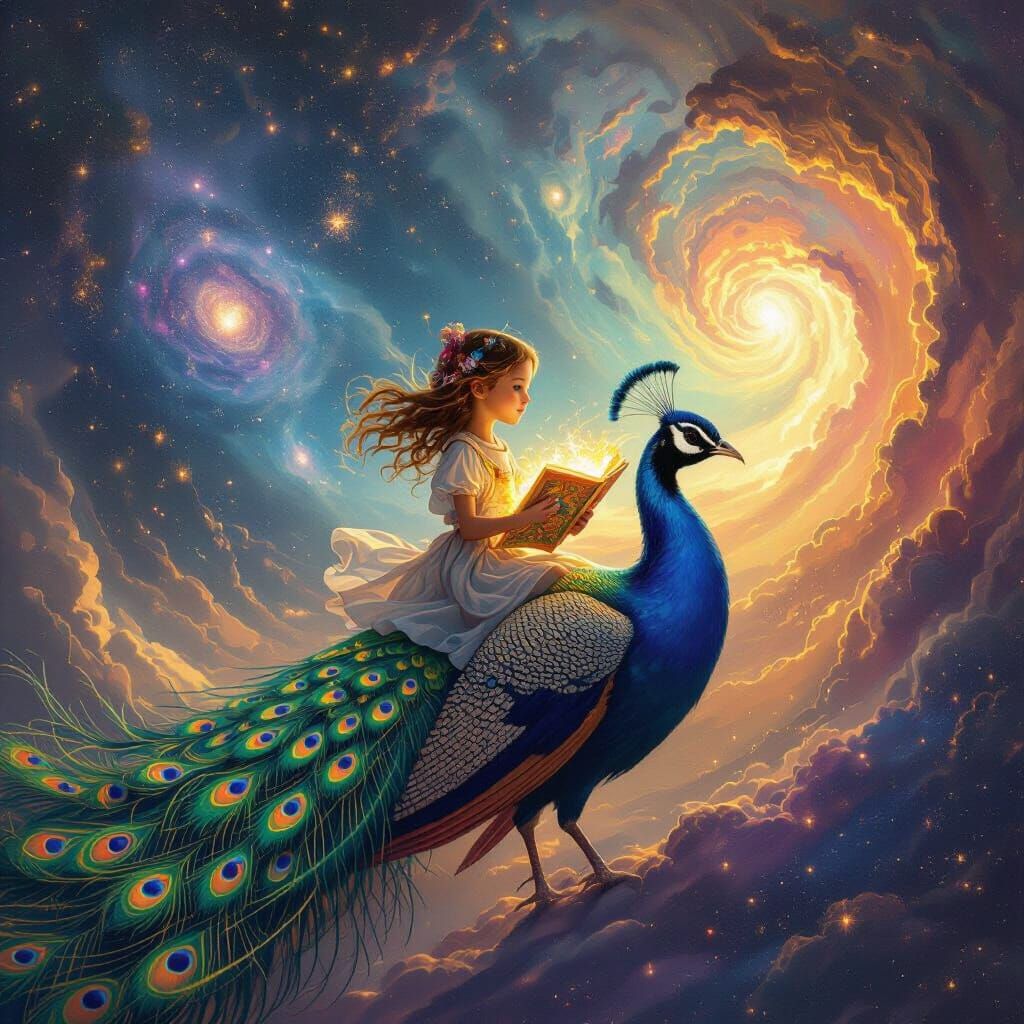 Girl Rides Peacock Through Nebula in Cosmic Fantasy Art