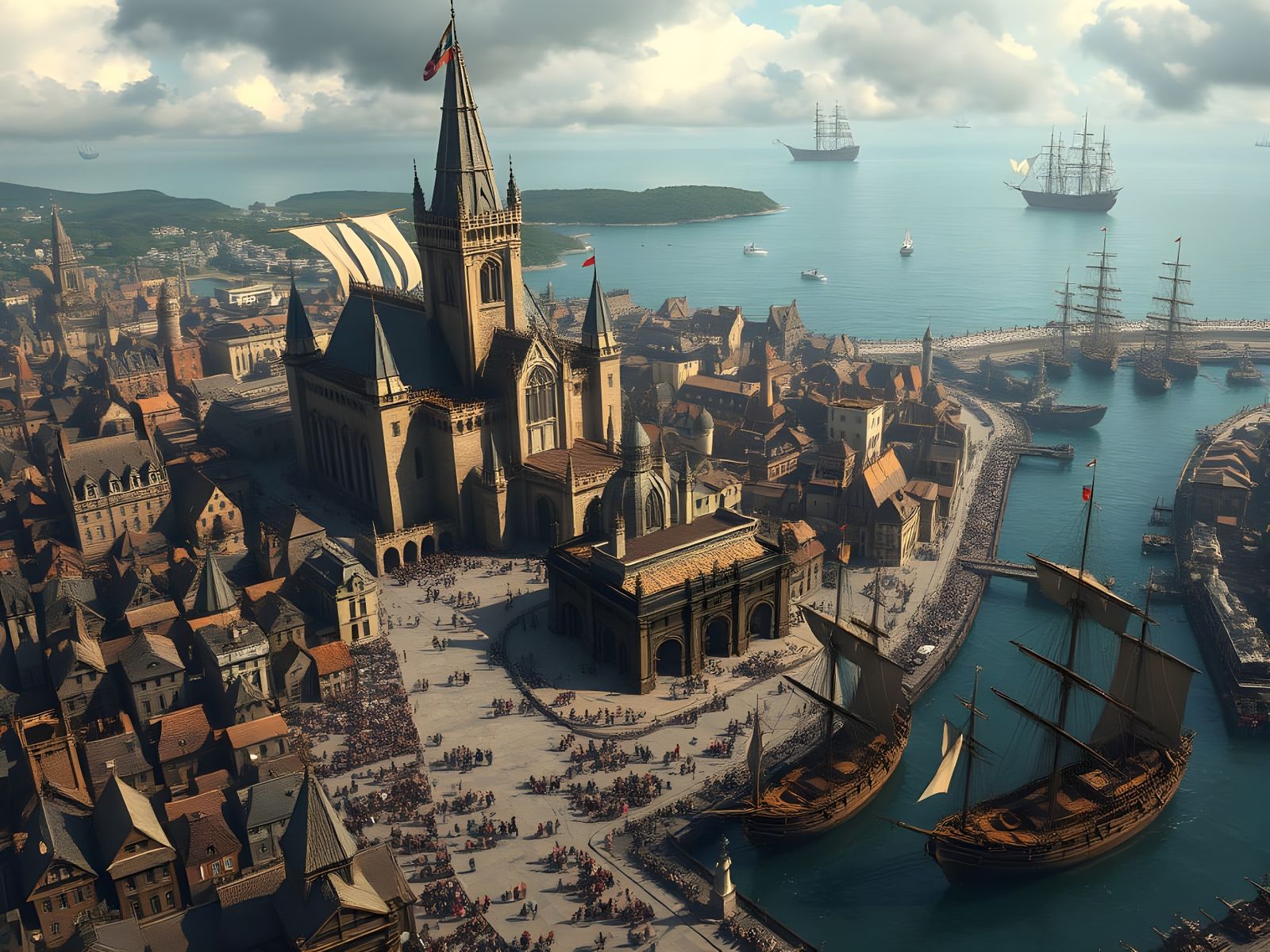 Medieval Port City: Bird's Eye View in Digital Art Style