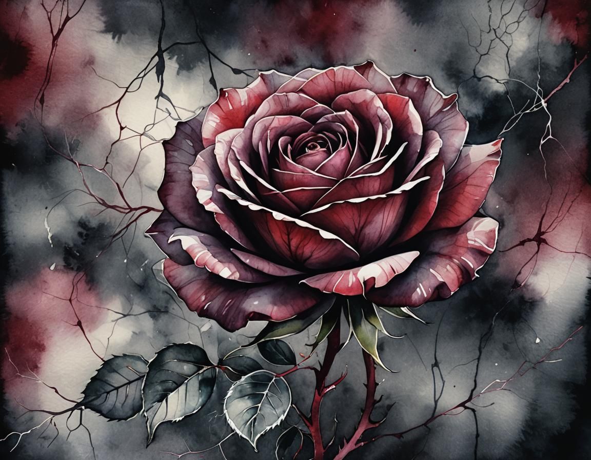 Mystical Abstract Rose Watercolor with Silver Veins
