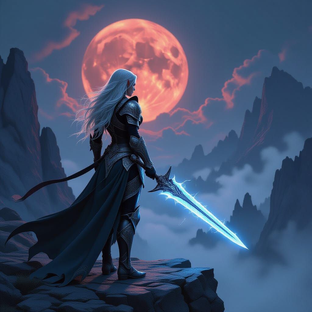 Elven Warrior Overlooking Misty Battlefield