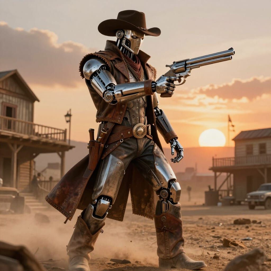 Cybernetic Cowboy with Plasma Revolver at Binary Sunset
