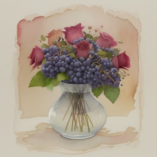 Watercolor Grapes and Roses in Soft Light