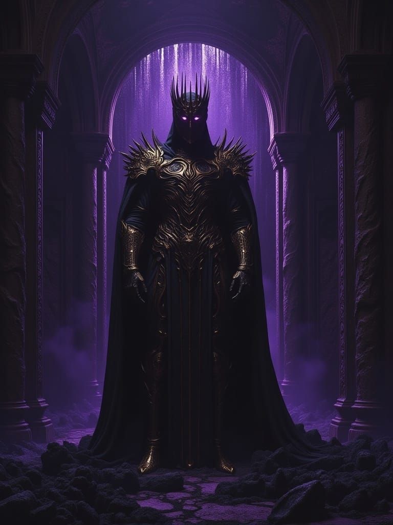 Gothic King in Obsidian Temple with Holographic Lights