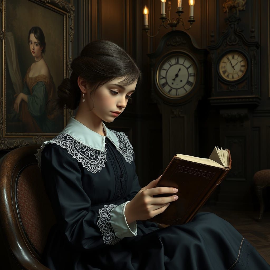 Girl in Elegant Study with Oil Paintings