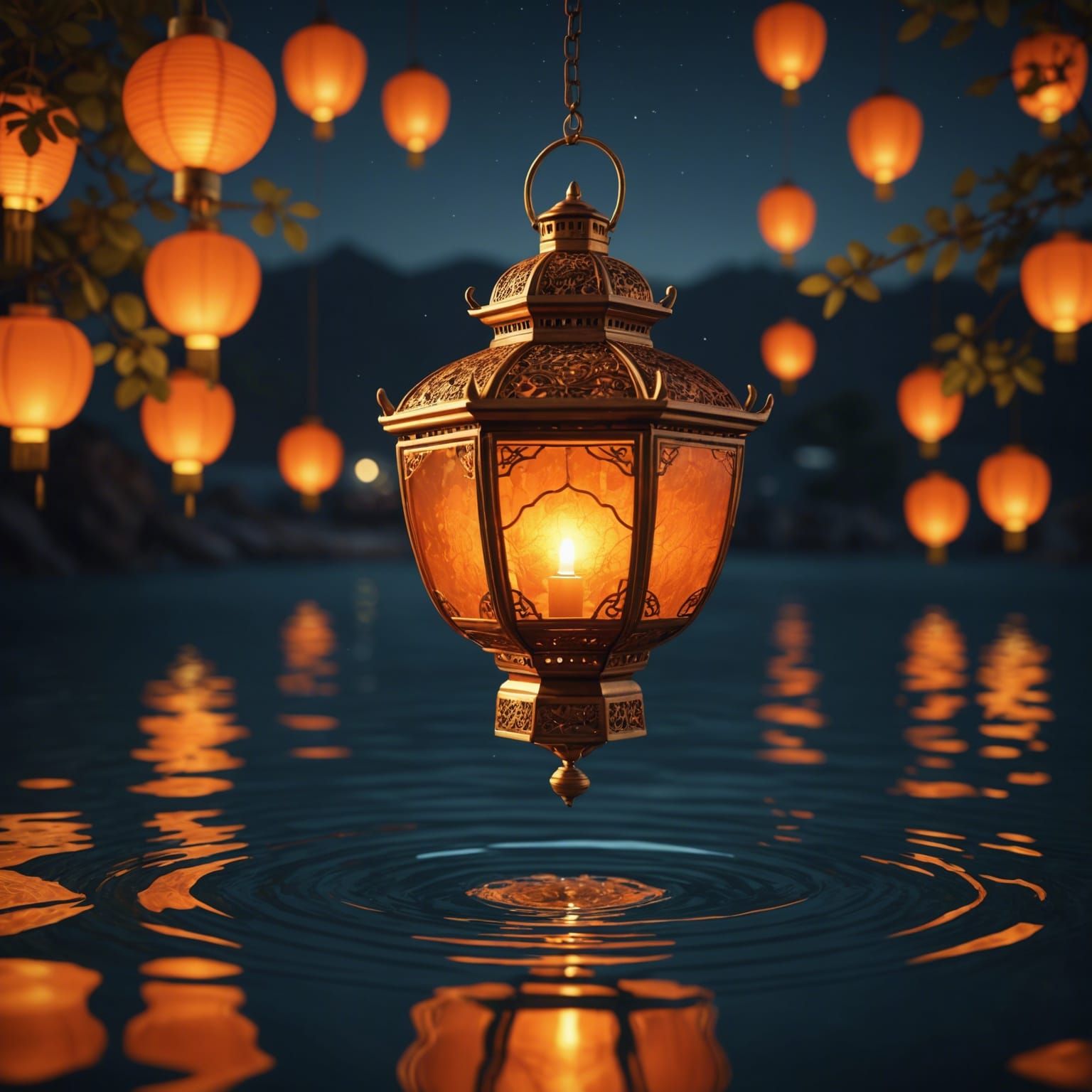 Glowing Lantern Reflection on Night Lake in 3D