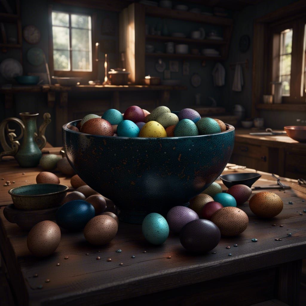 Speckled Eggs in Rustic Kitchen: Matte Painting