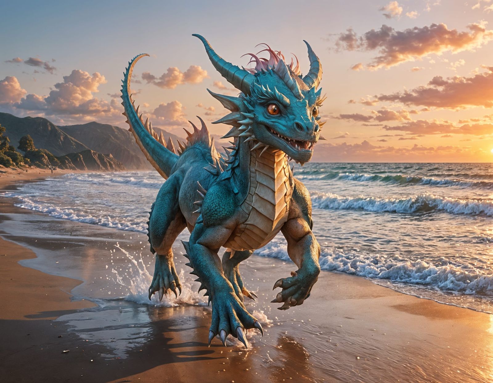 Dragon Running on Beach at Sunset in Anime Style