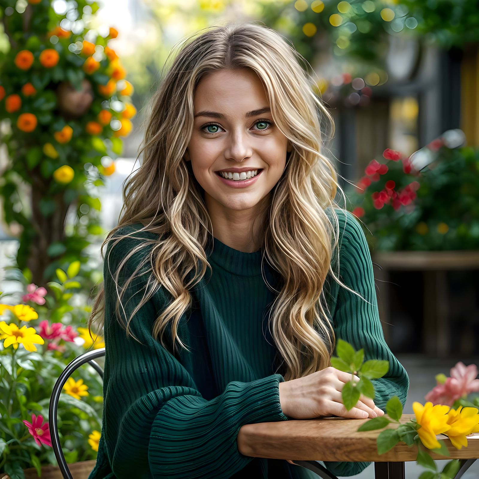 Young Woman Enjoys Moment of Joy Outside a Cozy Cafe in a Fa...