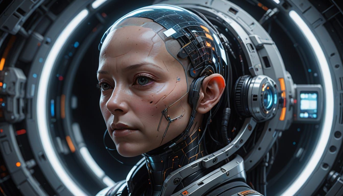 Holographic Female Head in Cyberpunk Spacecraft