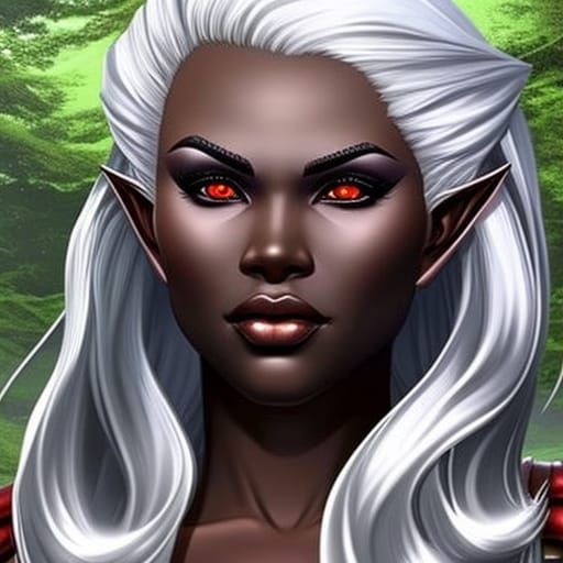 Hyperrealistic Drow Elf Woman with Red Eyes