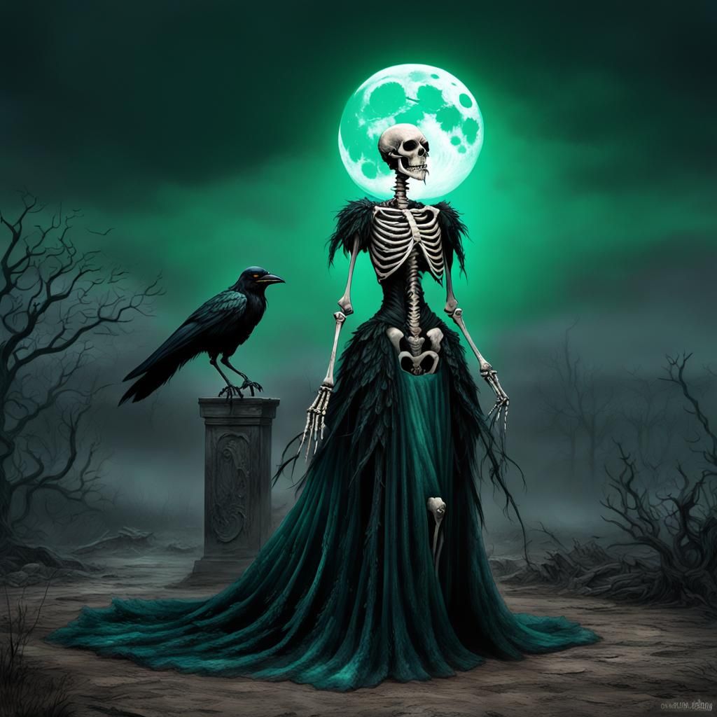 Skeleton in Emerald Gown Under Blood Moon